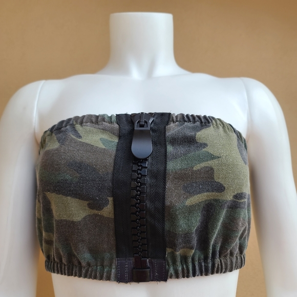 Fashion Nova Camo Oversized Zipper Front Tube Top XS Crop Denim Cotton - Picture 8 of 14